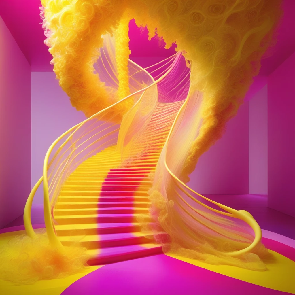 ((With colors bright in yellow, pink, To the unknown, they never shrink.)), ((Bright, flowing dresses in yellow and pink.)), (A grand staircase of radiant crystal, with steps that pulse with vibrant colors, spirals upward. The crystal structure glows from within, casting rainbow hues as the figures ascend toward the unknown.),