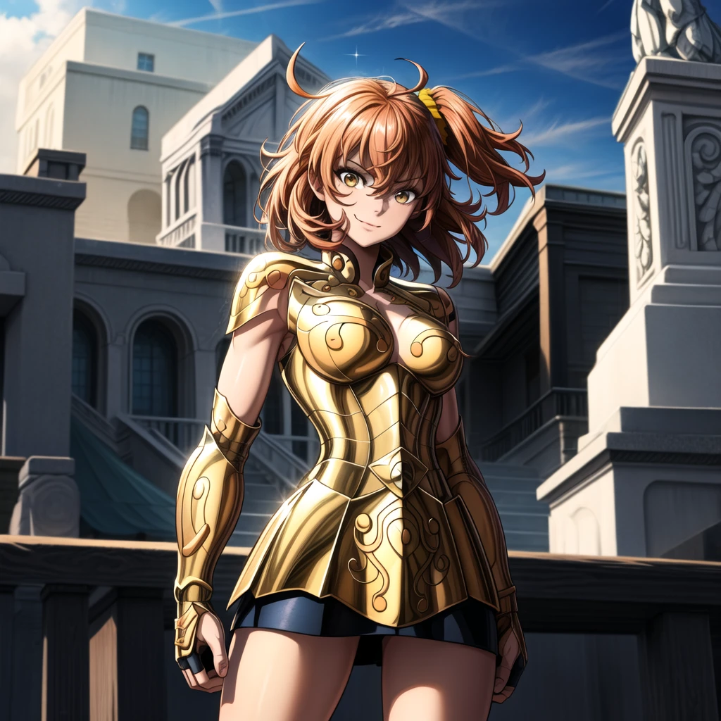 masterpiece, best quality, highres, solo, 1girl, subtle smile, detailed background,standing in front of a picturesque landscape,medium breasts,aaritsuka, short hair, ahoge, hair scrunchie,fingerless gloves ,<lora:more_details:0.8>, pauldrons ,  ,gold armor,  <lora:leo:0.8>, <lora:fujimaru_ritsuka_(female)_v1:1>