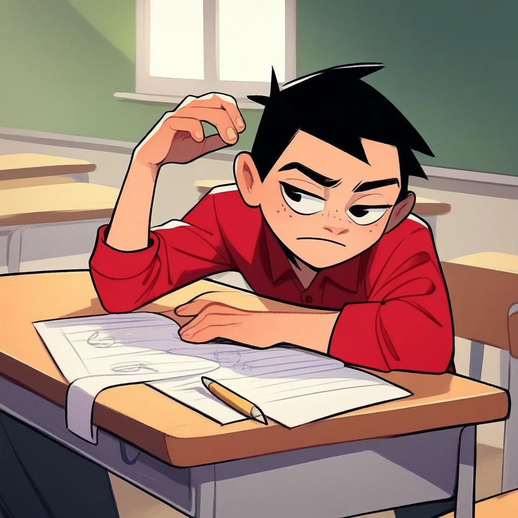 score_8, score_9, tucker, black hair, black eyes, red shirt, classroom