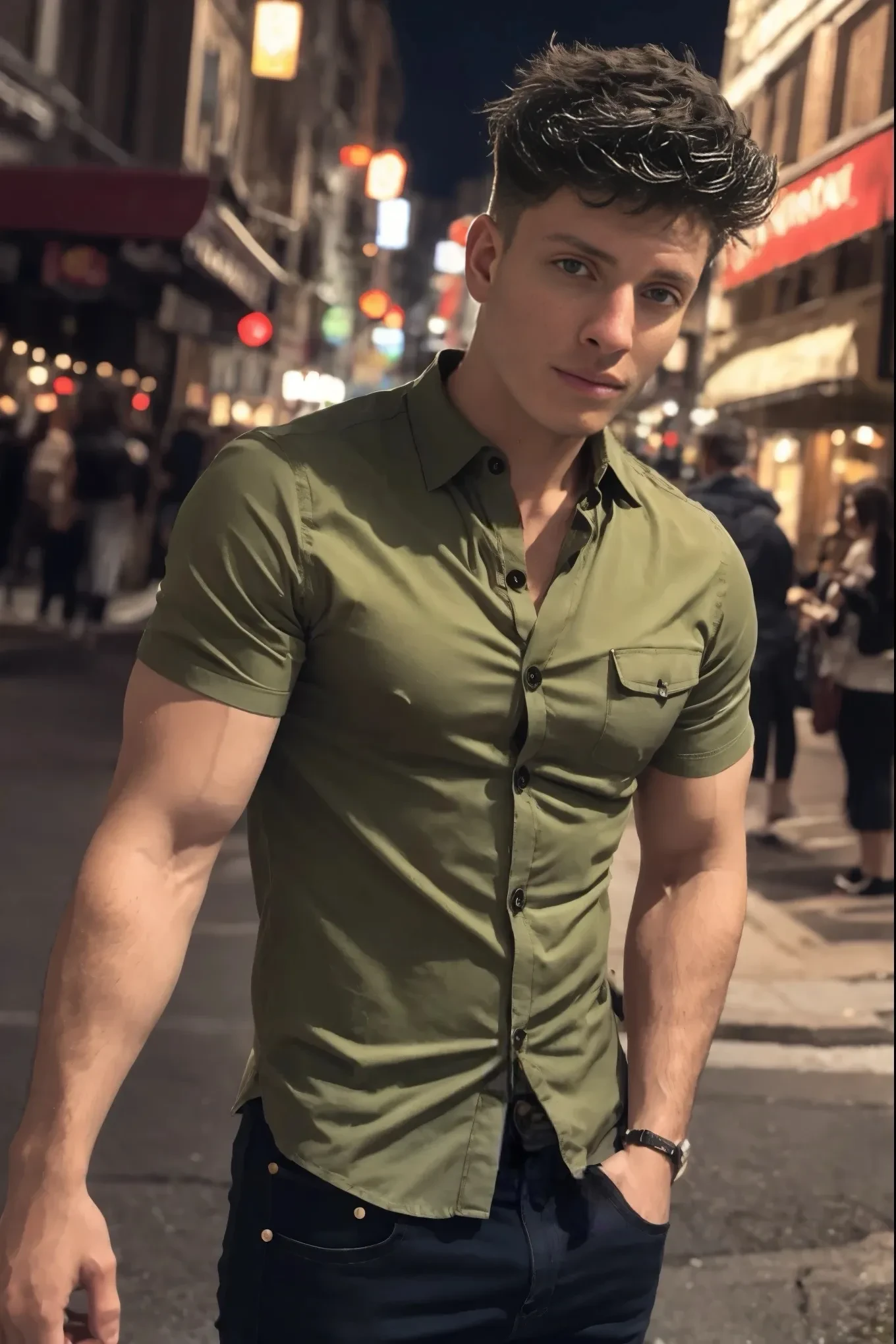 Portrait of Matt Rife, he is (wearing a green coloured short sleeved button up shirt:1.4), handsome man, attractive man, handsome male, square jaw, big biceps, blue eyes, short brown hair, outside at night, standing in the street at night, empty road, inspired by Pablo Munoz Gomez, editorial photograph, midshot of a Matt Rife, by Roman Bezpalkiv, by Artur Tarnowski, maxim sukharev, by Gabor Szikszai,Highly Detailed, highly detailed