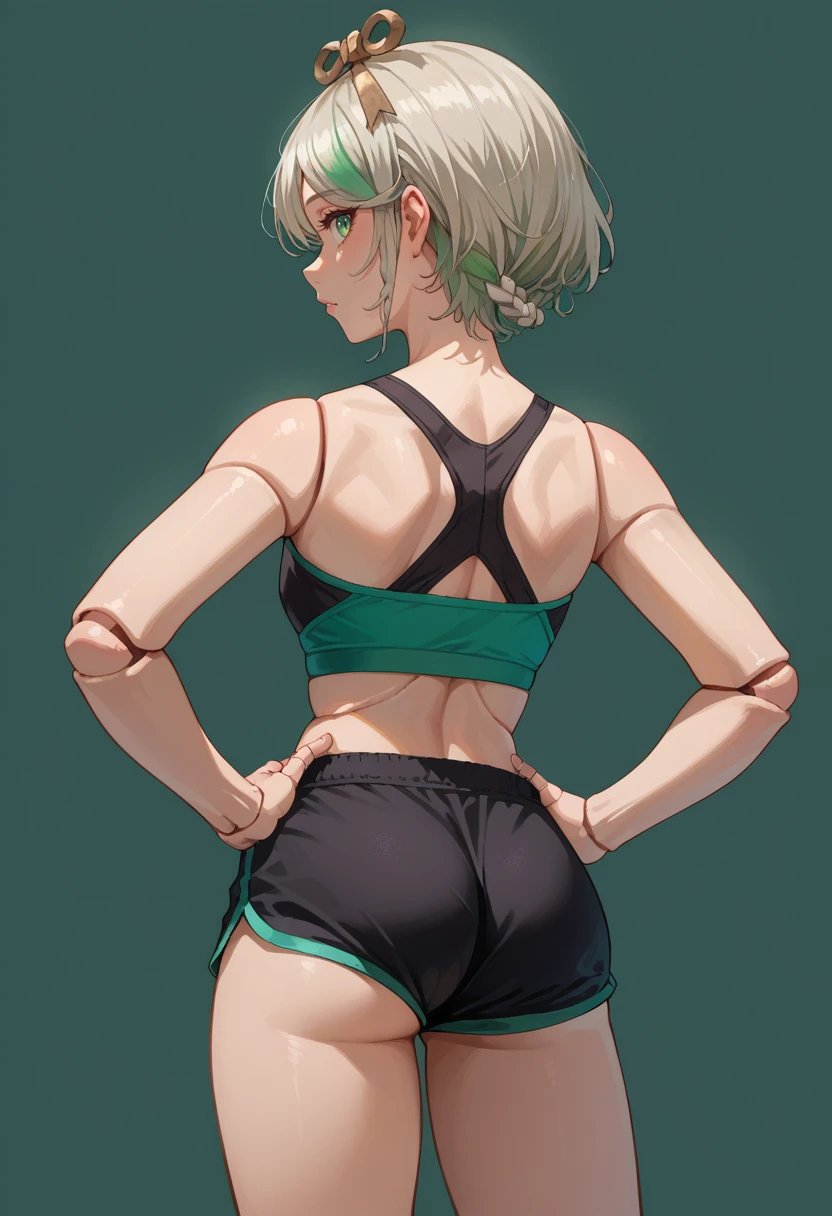 score_9, score_8_up, source_anime, 1girl, solo, CeciliaImmergreen, hair ornament, doll joints, short hair, braid, from behind, looking back, hands on hips, sports bra, black shorts, ass, <lora:ChamCeciliaImmergreenPonyXL:1>