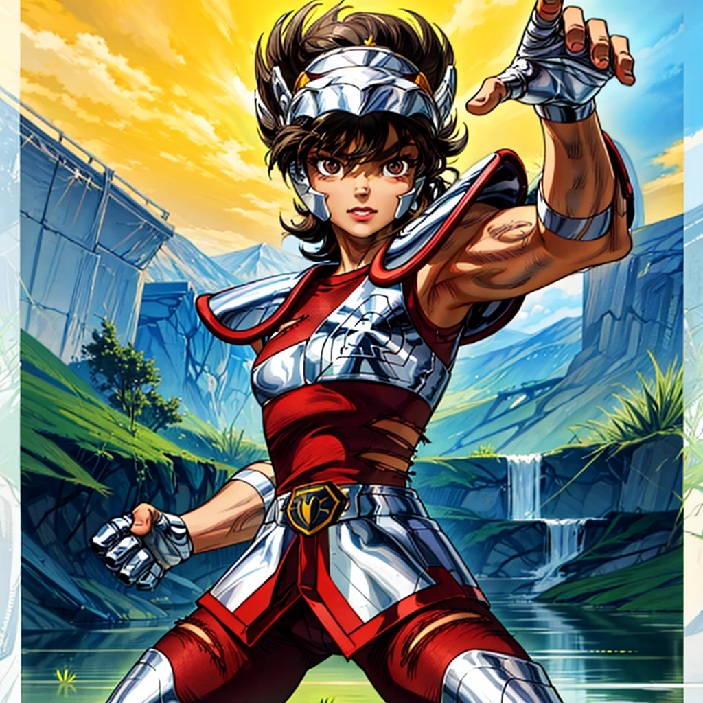 masterpiece, best quality, highres, solo, 1girl, saint seiya, medium breasts,detailed background,waterfall,armor, <lora:more_details:0.5>,outdoor ,<lora:seiya:0.8>,seiya, helmet, torn clothes,fighting stance