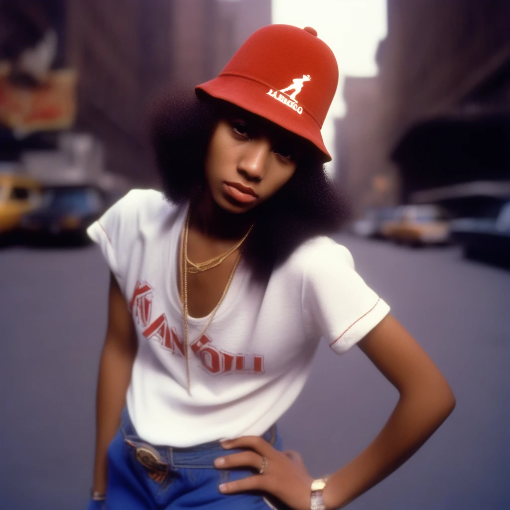 hip hop young bboy age 24 wearing a Kangol hat, she is set in 1980, retro scene in nyc.