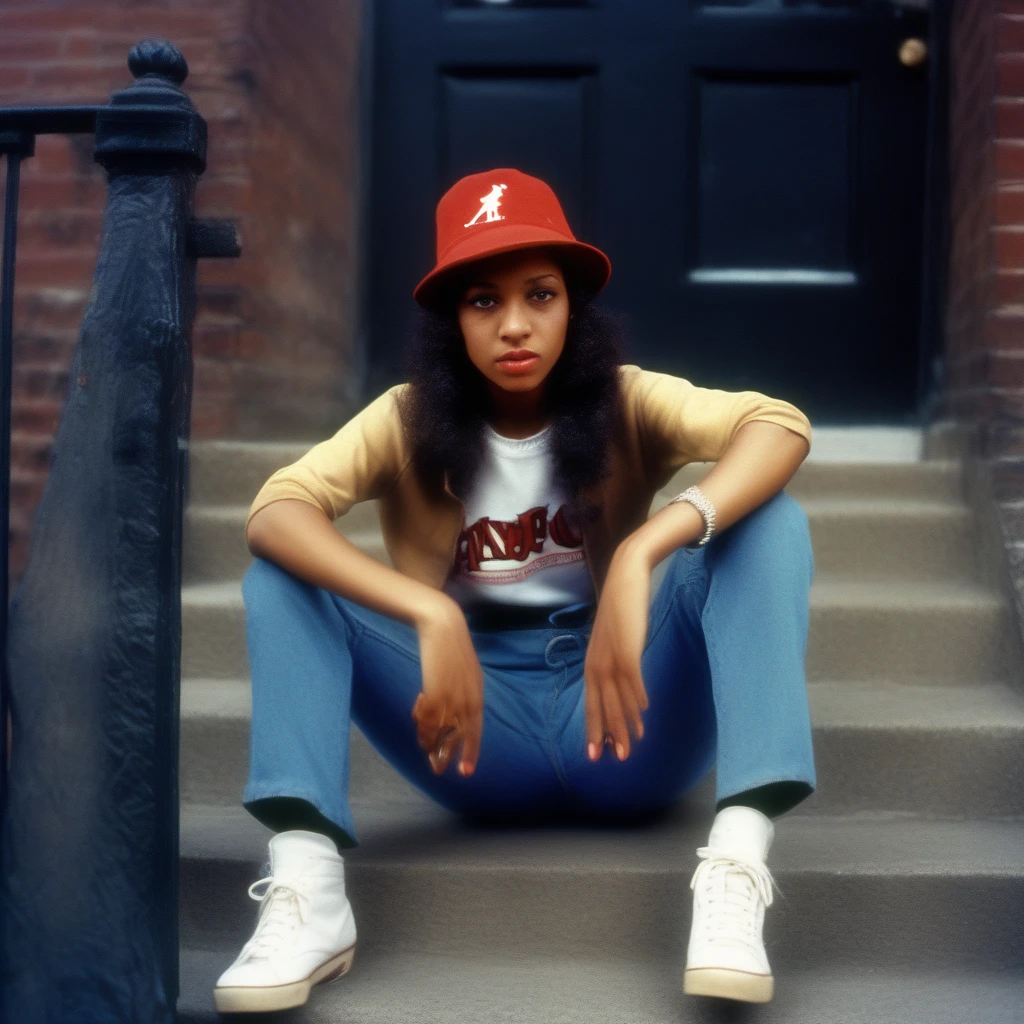 hip hop young girl  24 wearing a Kangol hat, she is set in 1980, retro, Brooklyn sitting on a stoop.