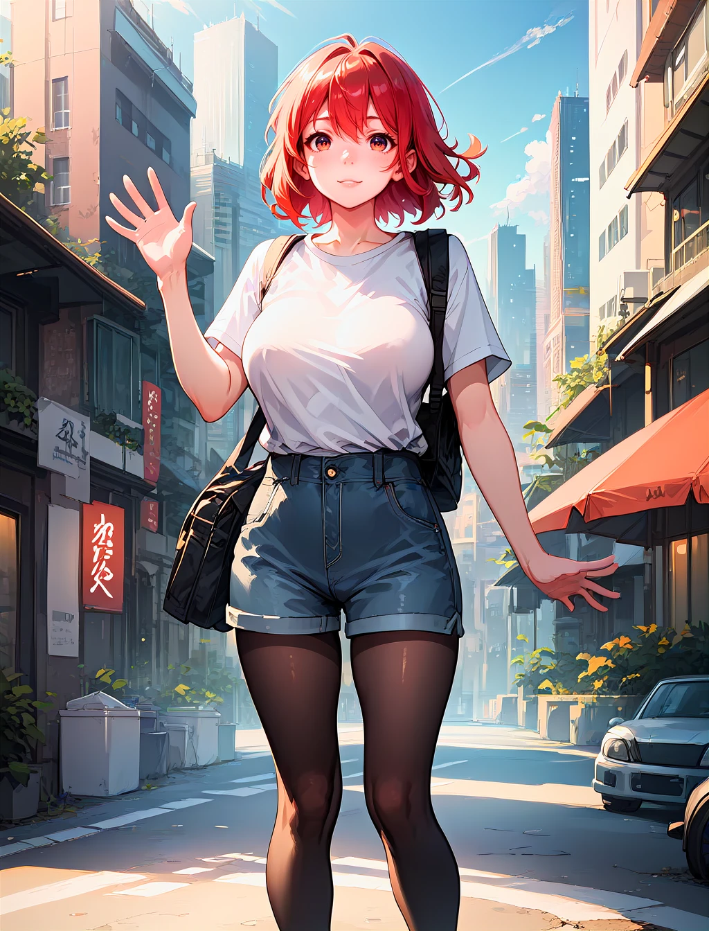 Teenage girl with red hair in two buns, knee-length black T-shirt and black stockings with white lines walks through the city