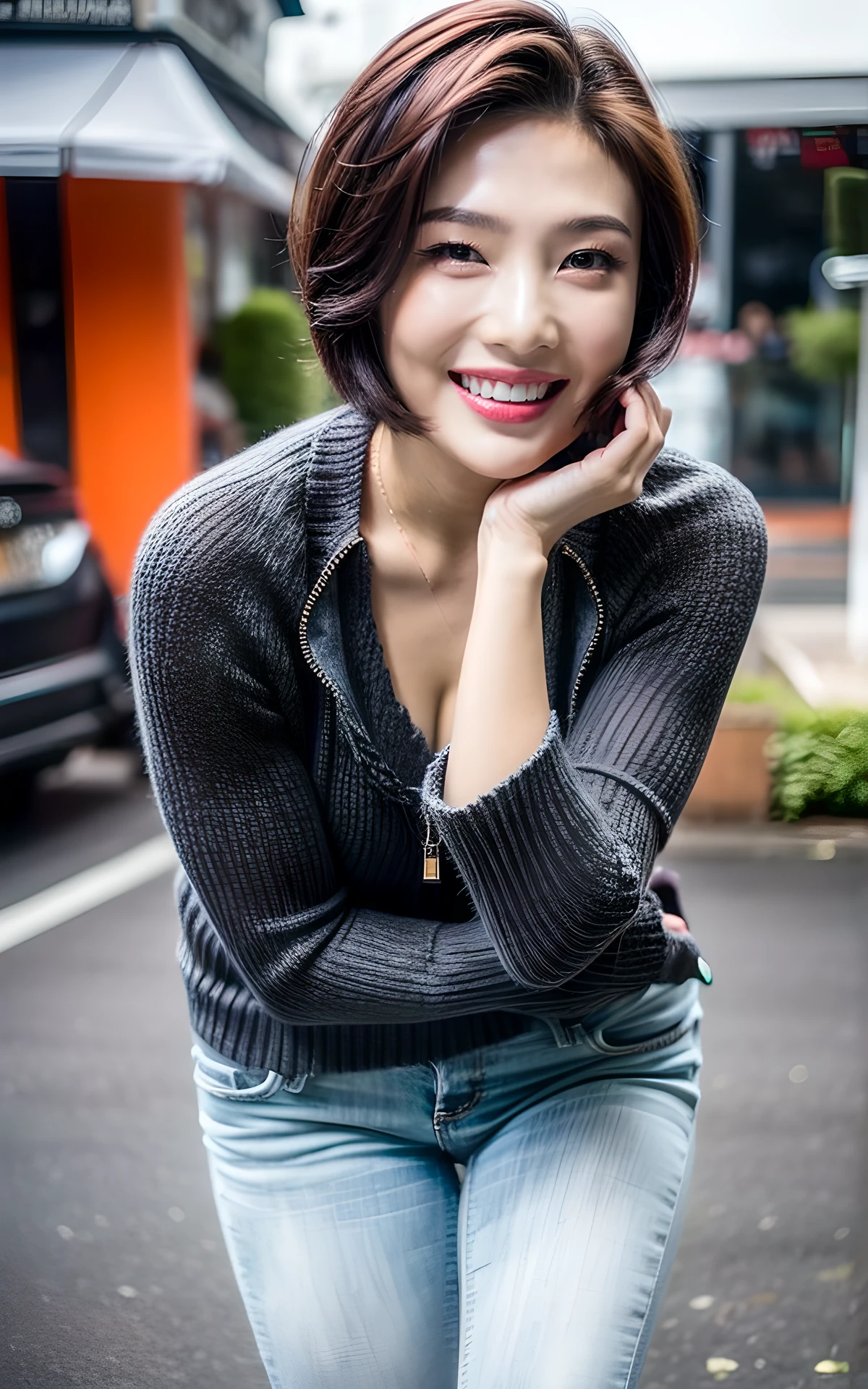 <lora:Joy_V1:1> Joy_V1,, (smiling:1.2),  , (fullbody:1.2),  (realistic), (hyperrealism), (photorealistic:1.4), 1girl, (short hair:1.2),  looking at the viewer, eye makeup, detailed eyes, detailed face, (upper body:1.2), detailed background, walking at the streets, sunset, (windy:1.2)  z1pp3rsw3at3r,, sleeves past wrists, zipper sweater, Denim jeans <lora:more_details:1>  <lora:zoom_slider_v1:2>