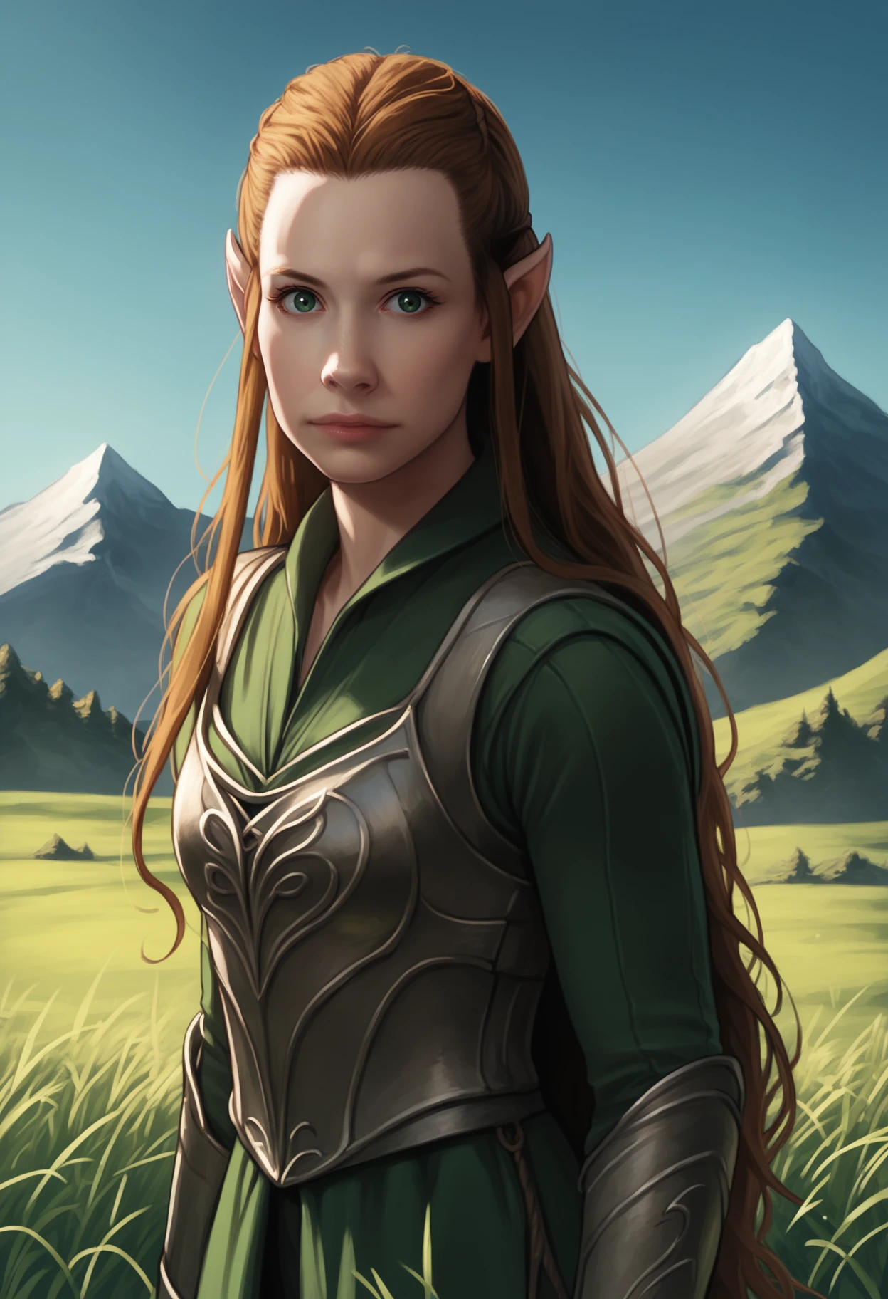 score_9, score_8_up, score_7_up, BREAK, d3t41l3d,
1girl, tauriel, brown hair, long hair, pointy ears, green eyes,
armor,
standing, looking at viewer, solo, grass, blue sky, mountains background  <lora:TaurielXL:1> <lora:d3t41l3dXLP:0.6>