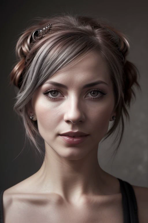 DEN_lumi_steamgirl,
(headshot:1.2) portrait on a (plain grey background:1.2), (headshot:1.2), (face focus:1.1), windswept chaotic hair, soft lighting, low contrast, low saturation,
bokeh, f1.4, 40mm, photorealistic, raw, 8k, textured skin, skin pores, intricate details <lora:epi_noiseoffset2:1>, epiCRealism