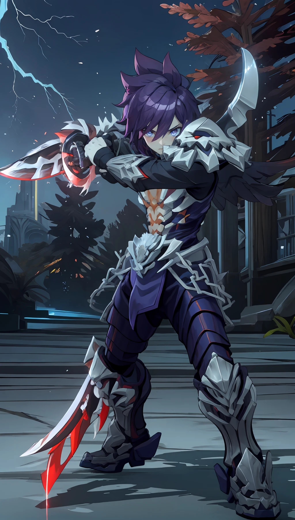 masterpiece, best quality, ultra-detailed, 1boy, solo, thanatos_rom, beautiful, fierce, agony, fighting stance, holding sword, purple aura, full body, looking at viewer, light particles, lightning, Chill of twilight theme, vivid colors, dark and magical atmosphere,
<lora:thanatos_rom_v2:0.8>, <lora:add_detail:0.5>