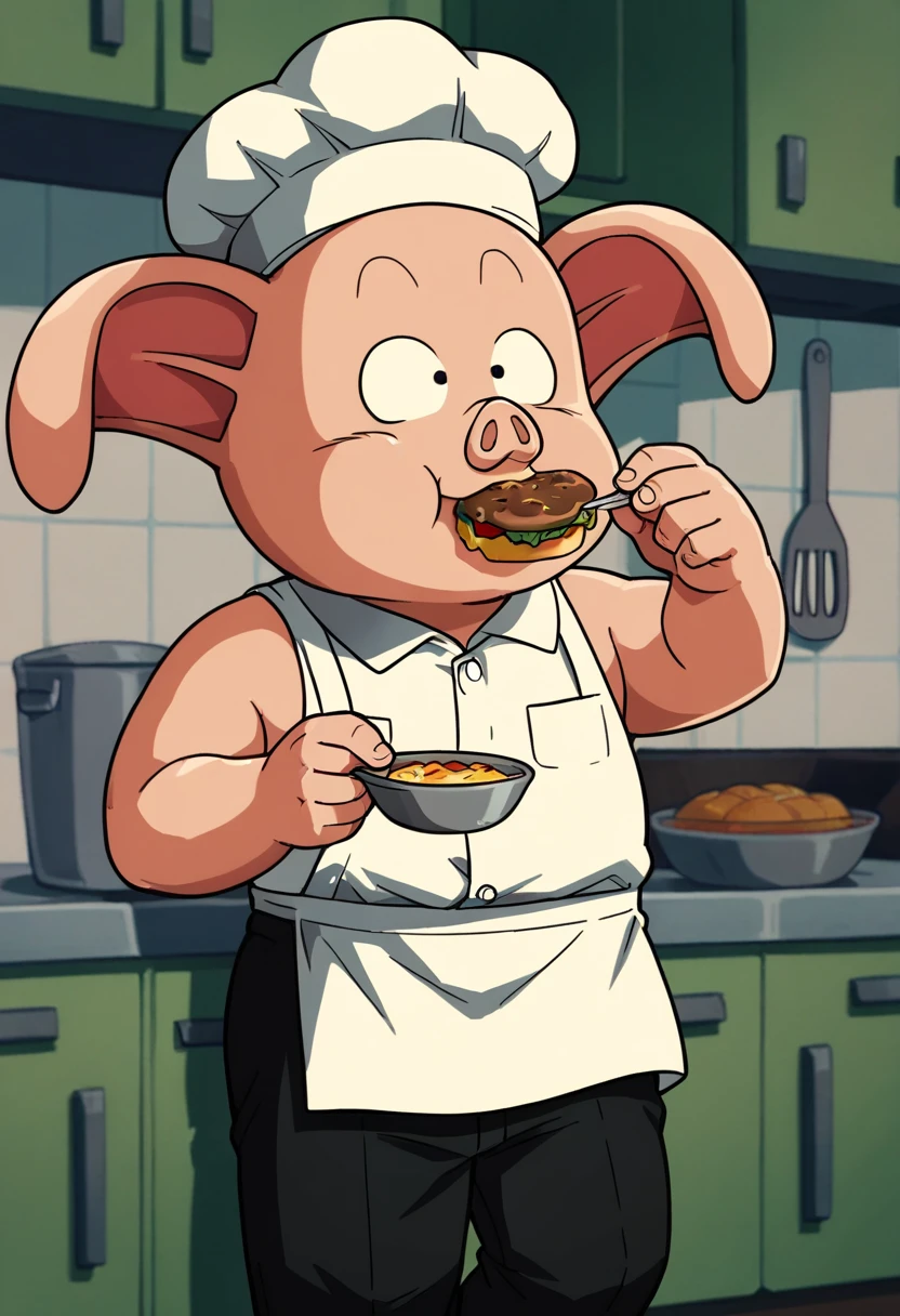 score_9, score_8_up, score_8,   <lora:Request_Oolong_Dragon_Ball_for_PonyXL:0.8> male focus, 1boy, pig man, 0olong, animal ears, shirt, pants, solo, kitchen, food, eating, chef hat, apron, ham,