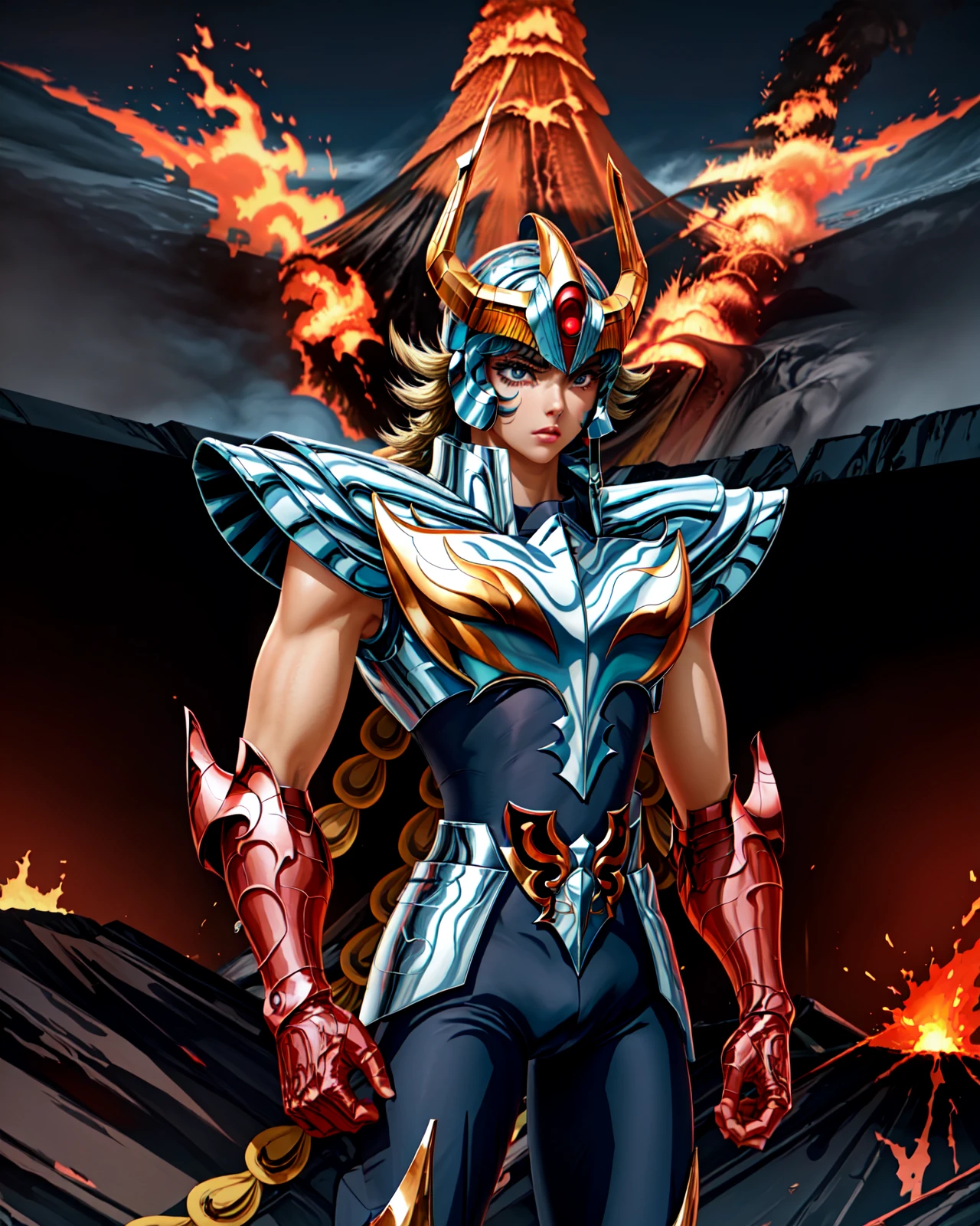 masterpiece, best quality, highres, solo, 1girl, saint seiya,outdoor,<lora:more_details:0.6>,<lora:ikki:0.8>, ikki, fire, helmet, detailed background,(volcano:1.5),(red gauntlets:1.2)