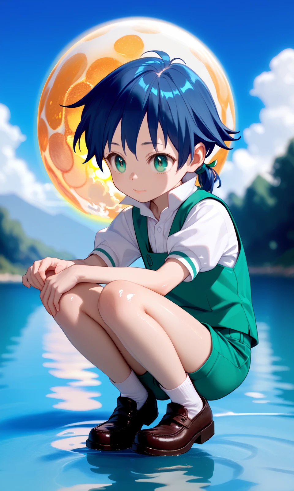 score_9,score_8_up,score_7_up, score_6_up, nyatabe, BREAK
solo, 1boy, lloyd, aqua eyes, blue hair, short hair, low ponytail, shiny hair, shiny skin,
green vest, white shirt, puffy short sleeves, green short shorts,
squatting, looking at the water,
day, outdoors, riverbank, sun, cloud, condensation tral,
<lora:LloydDeSaloum_Pony:1><lora:sd_xl_dpo_lora_v1:0.35> <lora:Nyatabe_Pony:0.75>