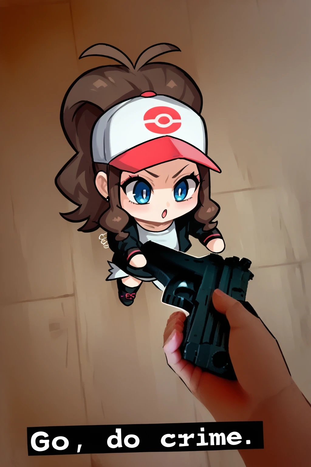 zPDXL,   <lora:Concept_Go_do_a_crime_meme:1>, 1girl, GODOACRIME, go do a crime (meme), english text, gun, hilda (pokemon), chibi