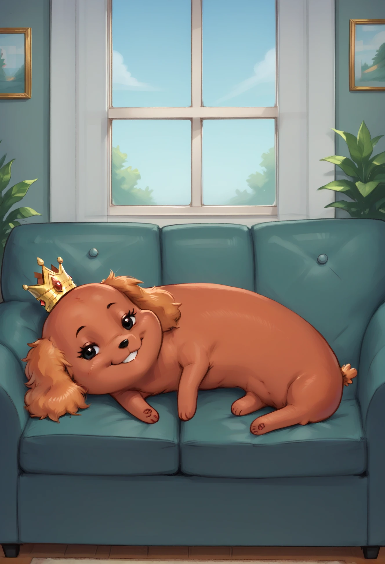 score_9, score_8_up, score_8,  <lora:Hot_Dog_Princess_Adventure_Time_for_PonyXL:0.8> crown, 1girl, dachshund, h0td0gprincess, black eyes, lying on couch, living room, window, smile