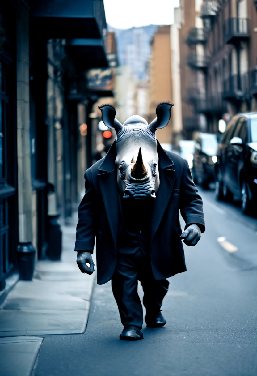 anthropomorphic rhino walking on the streets, noire style, VHS filter