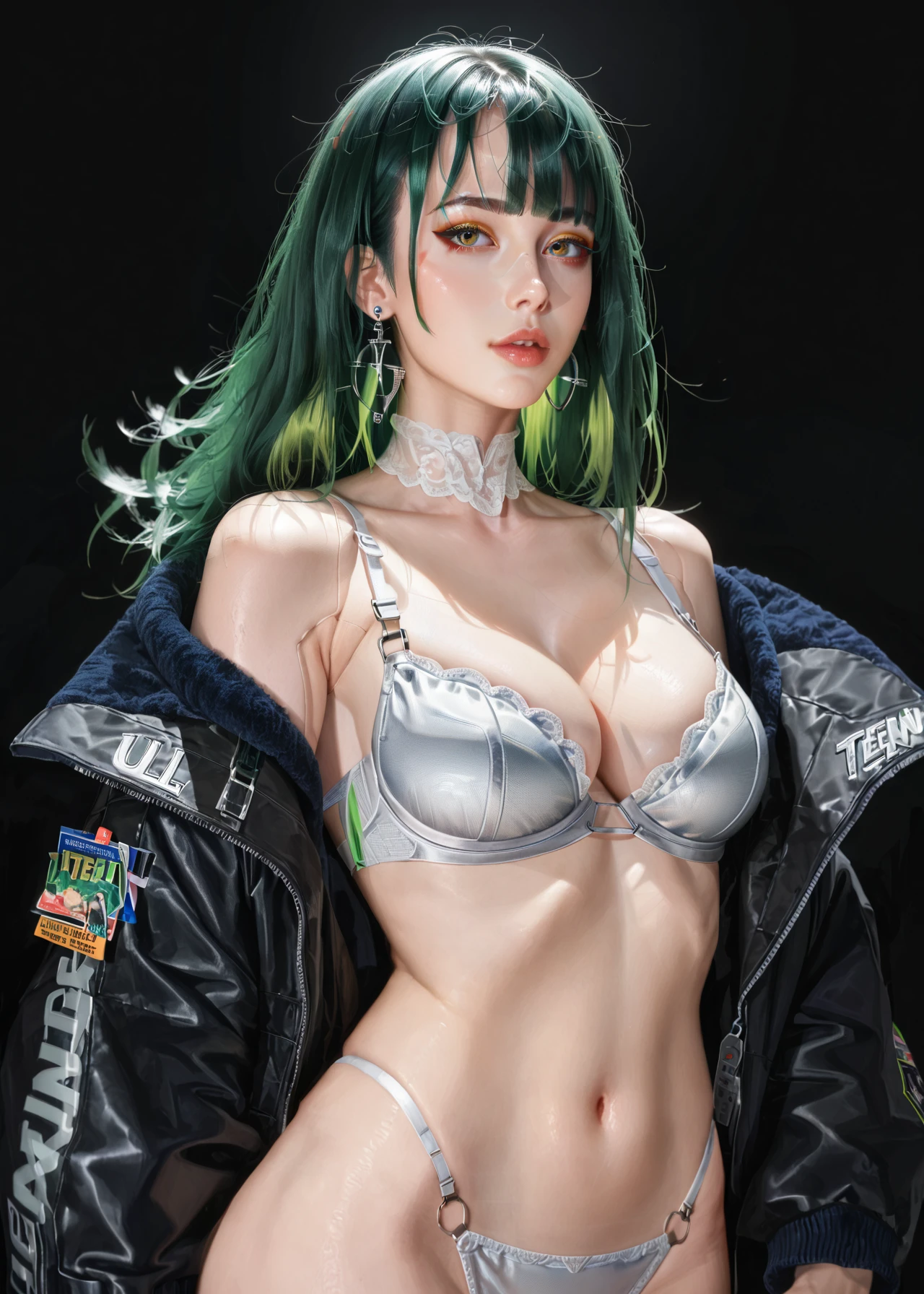 score_9, score_8_up, score_7_up, 1girl, solo, cowboy shot, open jacket, sexy parted lips, zhongguoduliu, black background, green hair, small earrings, makeup, ulzzang, teen, detailed, breasts, cleavage, cyborg robot joints, hime cut, black bomber jacket, floating, shiny silver bra, face joints
<lora:zhongguoduliu:0.8>
<lora:Pony_DetailV2.0:0.8>