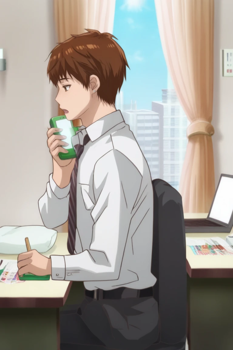 score_9, score_8_up, score_7_up, score_6_up, detailed, intricate details,cowboy shot,best quality ,source_anime, kazuya, brown hair, brown eyes, formal, suit, 1boy, male focus, phone, necktie, solo, cellphone, computer, bed, bedroom, indoors, sitting, pen, shirt, window, chair, smartphone, desk, curtains, open mouth, pillow, white shirt, laptop, jacket removed,Butcha<lora:EMS-409517-EMS:1.000000>