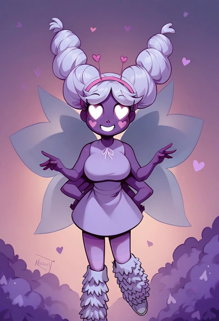 BREAK Score_9, Score_8_up, Score_7_up, source_cartoon, huge breasts, mewberty_star, smile, purple skin, pale lavender hair, up in two buns, bright heart eyes, pink heart on each cheek, six arms, large purple butterfly wings, antennae, pale lavender sleeveless dress, pale lavender leg warmers,