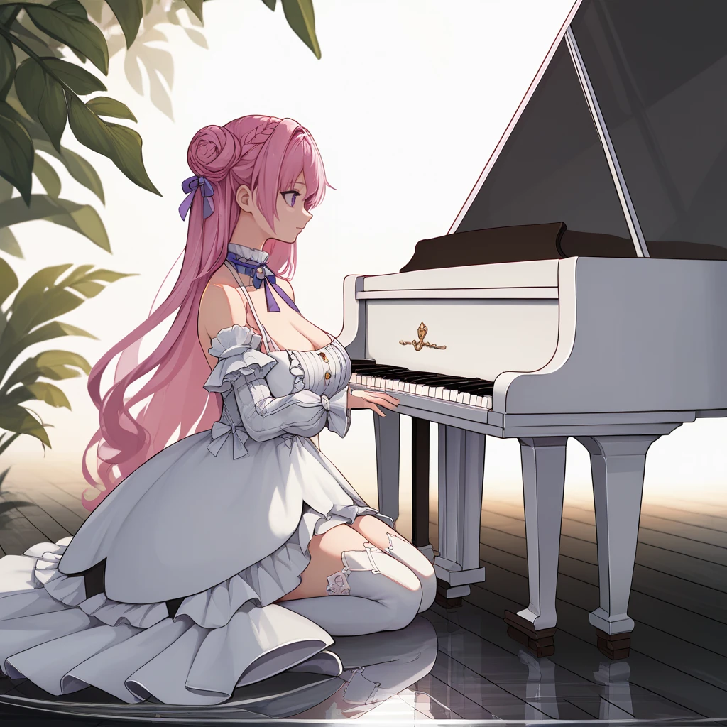 score_9, score_8_up, score_7_up, source_anime BREAK <lora:grandpiano-concept-richy-v1_pdxl:1> grand piano, sitting, solo, 1girl, <lora:dorothy-nikke-richy-v1_pdxl:0.8> dorothydef, pink hair, long hair, hair bun, braid, purple eyes, hair ribbon, hair ornament, purple ribbon, white dress, cleavage, large breasts, halterneck, frilled choker, frills, detached sleeves, puffy sleeves, white thighhighs, full body, reflection, water, white theme, white background