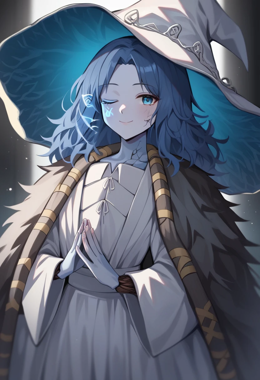 score_9,score_8_up,score_7_up,<lora:ranni_the_witch_pony:1>,extra_faces, smile, absurdres, highres, white_hat, white_dress, closed_mouth, own_hands_together, english_commentary, ;\), kawashiro_nitori, fur_cloak, 1girl, large_hat, ranni_the_witch_\(cosplay\), extra_arms, white_gloves, looking_at_viewer, solo, witch_hat, one_eye_closed