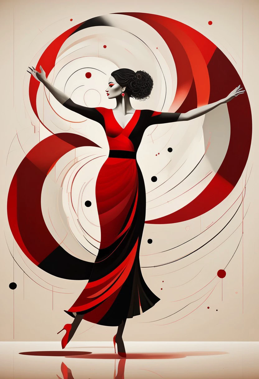 a detailed and intricate digital illustration features a woman dancing in a striking pose. the woman is positioned facing the viewer, her arms outstretched in a graceful arc. her hair, a vibrant red, is adorned with black dots and a white circle at the center of her head. her dress, a striking combination of red and black, is cinched at the waist with a black belt. the backdrop is a stark white, providing a stark contrast to the woman's striking image.