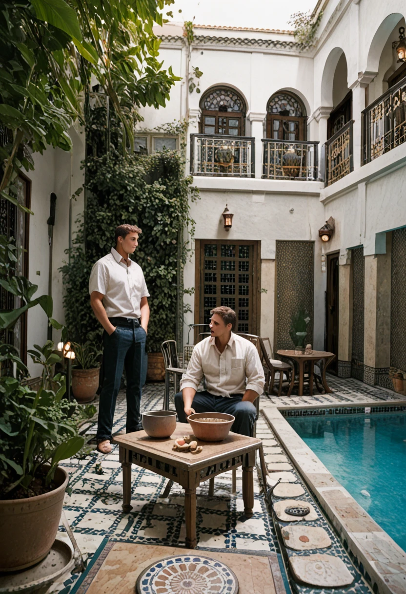 score_9, score_8_up, score_7_up, 1boy, very wide shot, collared shirt, pants, a man standing at poolside, hands in pockets, courtyard, tile floor, chair, table, garden, sunlight, lantern, bowl, food