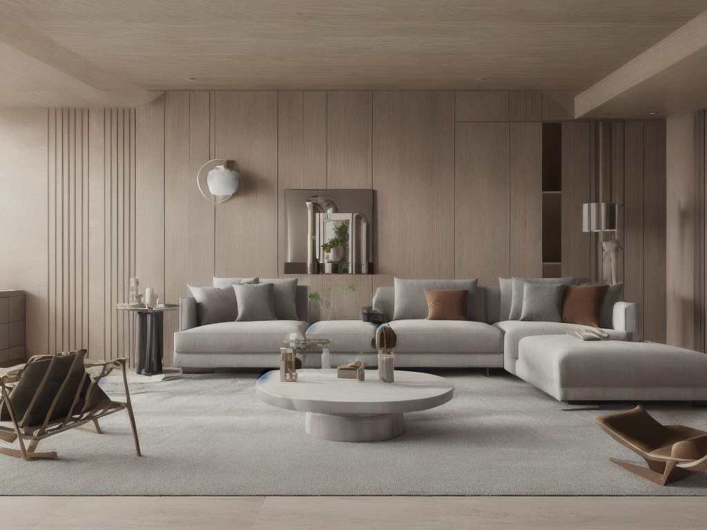 a living room with a couch, chair, coffee table and a rug on the floor and a window, muted colors, a 3D render, light and space,Dark style,Marble elements in the background