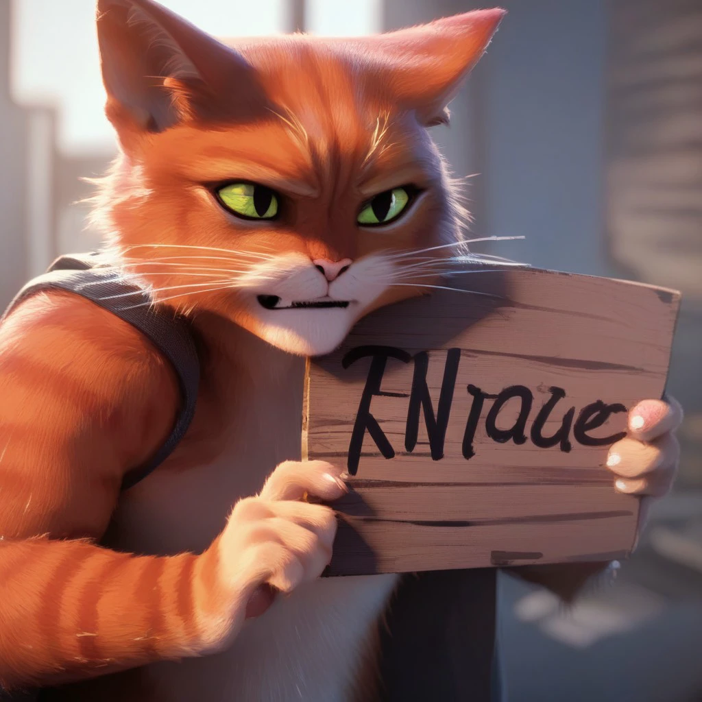 score_9_up, score_8_up, score_7_up, source_furry, puss in boots \(character\), cat, holding sign, :3, 1boy