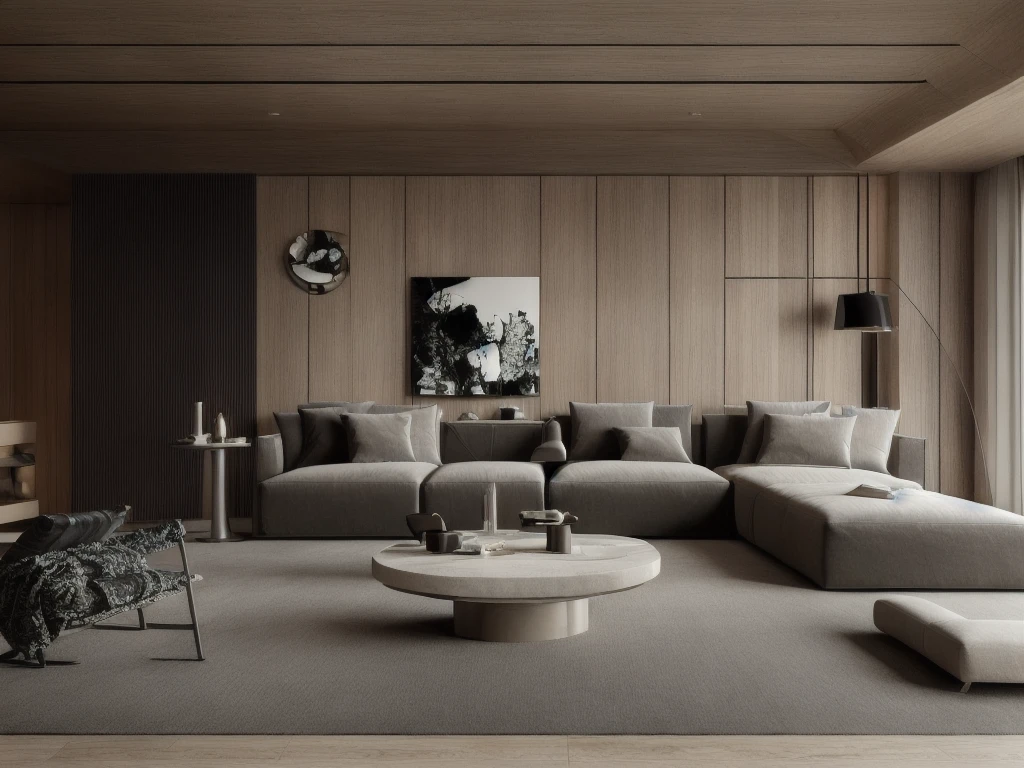 a living room with a couch, chair, coffee table and a rug on the floor and a window, muted colors, a 3D render, light and space,Dark style,Marble elements in the background