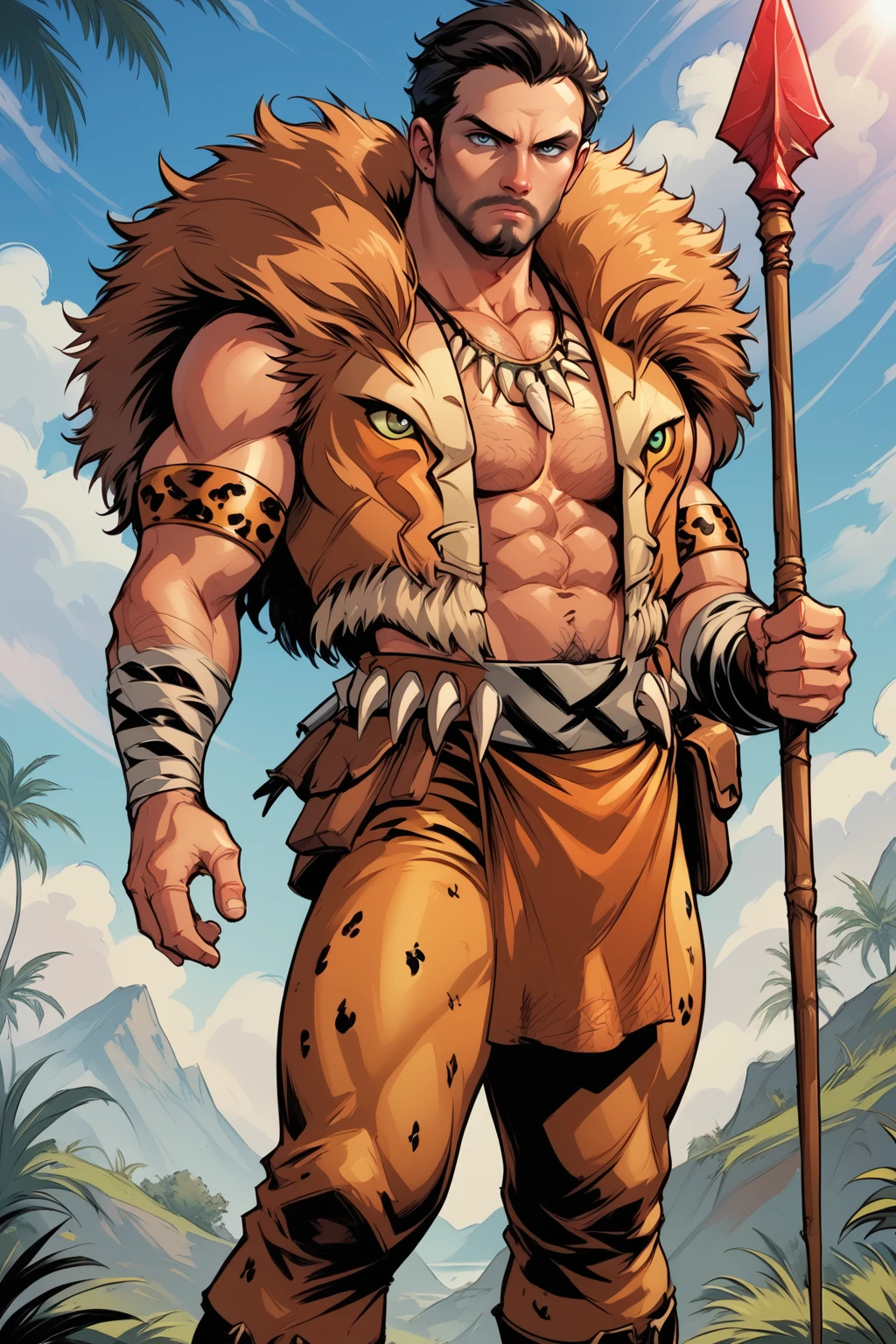 score_9, score_8_up, score_7_up, masterpiece, high quality, BREAK
 <lora:Kraven the HunterPonyLoRA:1>kravn, beard, short hair, fur trim, vest, tooth necklace, waistband, spikes, bandages, armlet, pelvic curtain, pants, spear, holding spear, boots, grumpy