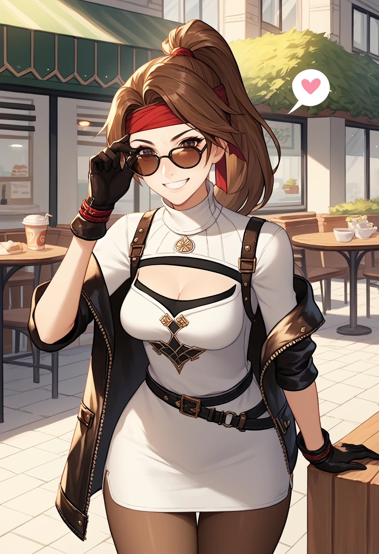 score_9, score_8_up, score_7_up, 1girl, solo, JessieFF7, brown hair, brown eyes, ponytail, headband, red headband, <lora:kingsstyle:1>, leather jacket, off shoulder, high collar, short dress, cleavage cutout, medium breasts, casual, black gloves, pantyhose, outdoors, cafe, white dress, sunglasses, looking over eyewear, adjusting eyewear, grin, rectangular eyewear, raised eyebrows, eyelashes, blush, cowboy shot, hips, thighs, looking at viewer, spoken heart, <lora:jessieff7-ponyxl-beta3-08:1>