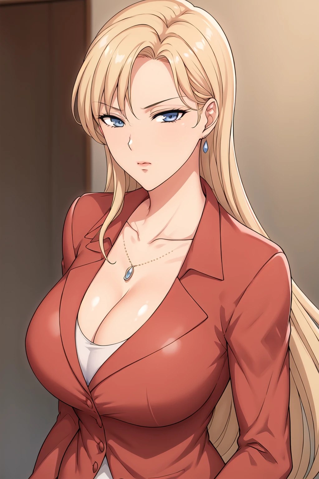 Office Lady, Office,
dynamic pose,standing at attention, 
(red_jacket:1.2),long_sleeves,heart_necklace,white shirt, collared shirt,
cleavage, collarbone,
pantyhose, pencil skirt,
<lora:Reika_Kurashiki_SaiminSeishidou-KK77-V2:0.3>,earrings, jewelry,Gem,
<lora:Sailor_Uranus-KK77-V1:0.7>,
blue eyes, blonde hair,bangs,Very Long hair,Makeup, red lipstick,
<lora:more_details:0.1>,<lora:Oda_Non_Style-KK77-V2:0.3>,<lora:Sexy_AIart-KK77-V1:0.3>,
1 girl, 20yo,Young female,Beautiful long legs,Beautiful body,
Beautiful Nose,Beautiful character design, perfect eyes, perfect face,expressive eyes,perfect balance,
looking at viewer,(Focus on her face),closed mouth, (innocent_big_eyes:1.0),(Light_Smile:0.3),
official art,extremely detailed CG unity 8k wallpaper, perfect lighting,Colorful, Bright_Front_face_Lighting,White skin,
(masterpiece:1.0),(best_quality:1.0), ultra high res,4K,ultra-detailed,
photography, 8K, HDR, highres, absurdres:1.2, Kodak portra 400, film grain, blurry background, bokeh:1.2, lens flare, (vibrant_color:1.2),professional photograph,
(Beautiful,large_Breasts:1.4), (beautiful_face:1.5),(narrow_waist),