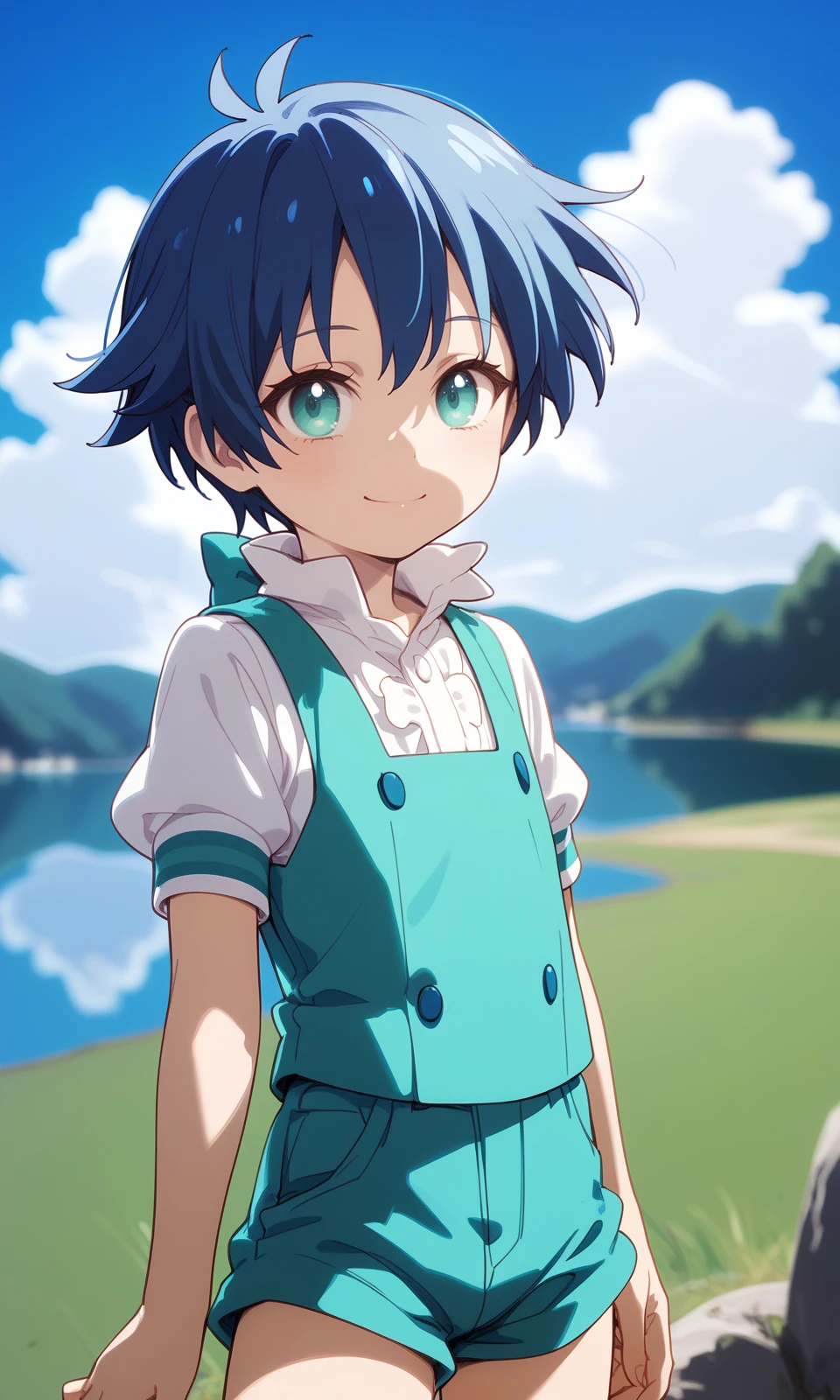 score_9, score_8_up, BREAK
solo, 1boy, lloyd, aqua eyes, blue hair, short hair,
green vest, white shirt, puffy short sleeves, green short shorts,
looking at viewer, smile, =), upper body,
outdoors, lake, sun, clouds, sky,
<lora:LloydDeSaloum_Pony:1>