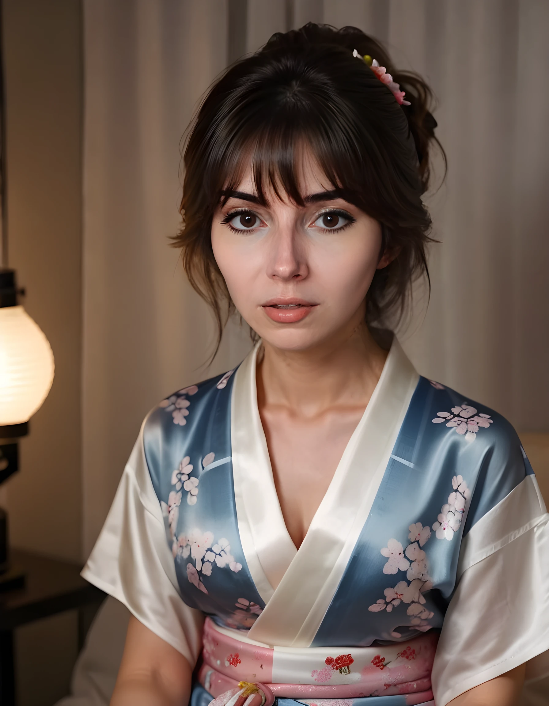 In a dimly lit, atmospheric Tokyo apartment, the camera captures a close-up of K41T, her face illuminated by the soft glow of a single lamp, her scarred cheek adding an air of mystery to her striking features. Her brown eyes, framed by long, dark eyelashes, gaze introspectively at the viewer, her lips slightly parted in a pensive expression. She wears a traditional Japanese kimono adorned with cherry blossoms, its short sleeves revealing a simple white undershirt and a T-shirt with intricate patterns underneath. The lower half of her outfit consists of loose pajama pants, her open shirt exposing the top part of a sleeveless white shirt beneath. The background is sparsely decorated, focusing attention on K41T, who appears to be lost in thought, wrapped in a blue silk scarf that adds an element of sophistication and tranquility to the image.