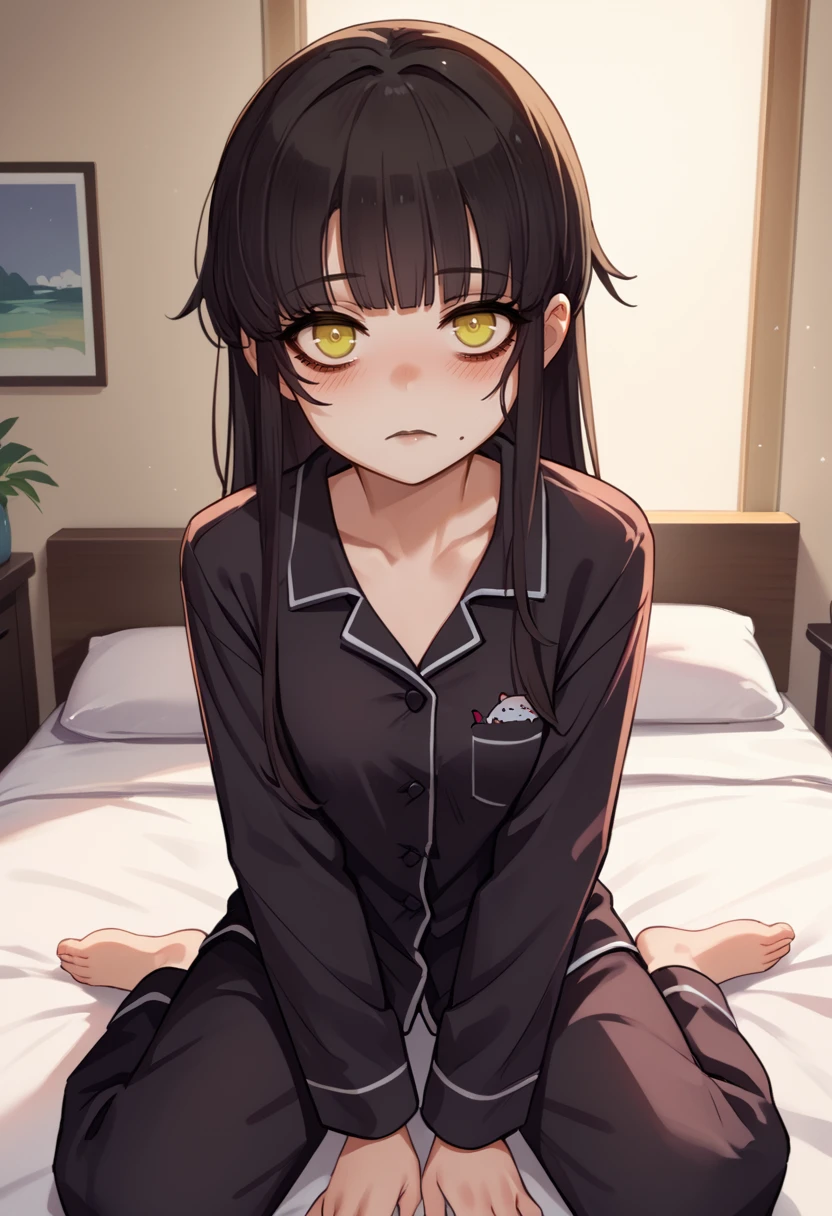 score_9, score_8_up, score_7_up, source_anime, solo, 1girl, mwophelia, mole under mouth, blush, expressionless, looking at viewer, sitting, bed, hair down, black pajamas, indoors, bedroom <lora:merryweather_ophelia_ponyXL-000007:1>