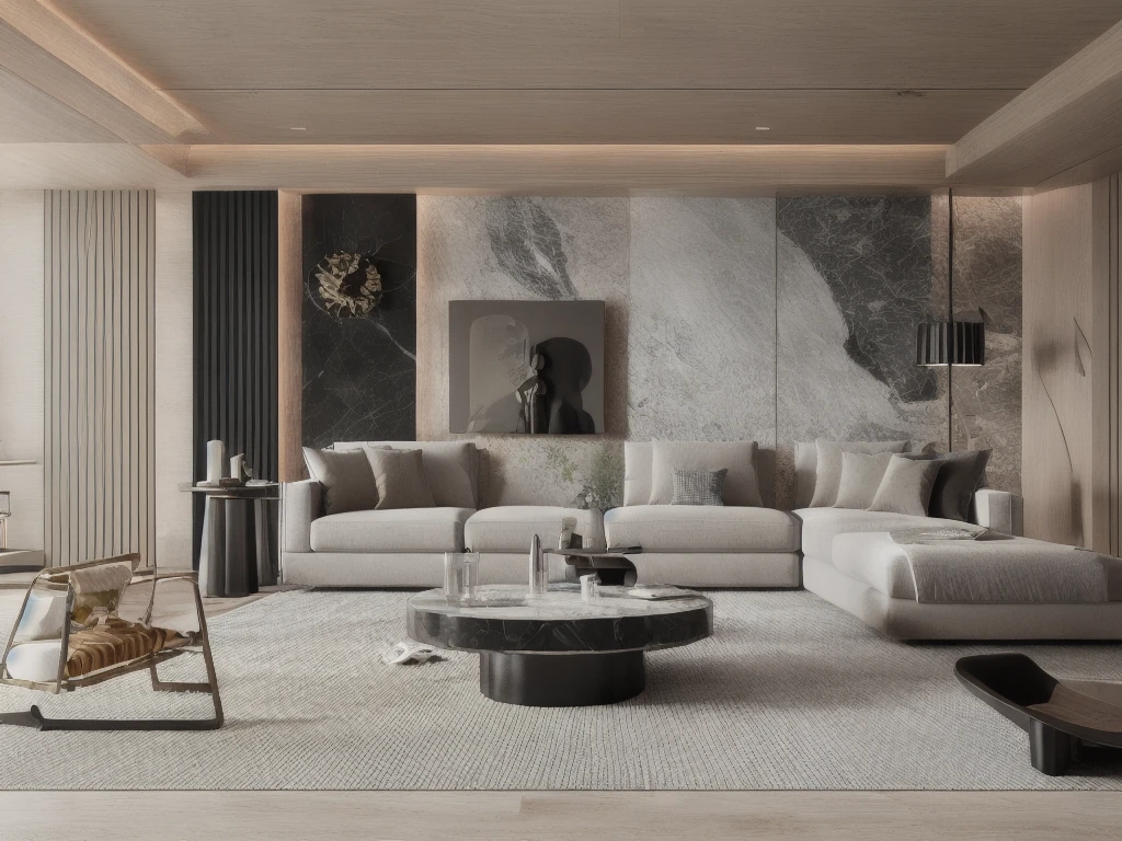 a living room with a couch, chair, coffee table and a rug on the floor and a window, muted colors, a 3D render, light and space,Dark style,Marble elements in the background