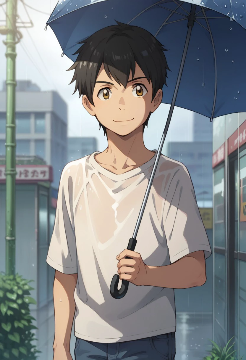 score_9, score_8_up, source_anime, highly detailed, 
hodaka, 1boy, male focus, hold, hold umbrella, solo, black hair, upper body, brown eyes, smile, pants, shirt,
outdoor, tokyo, rain,