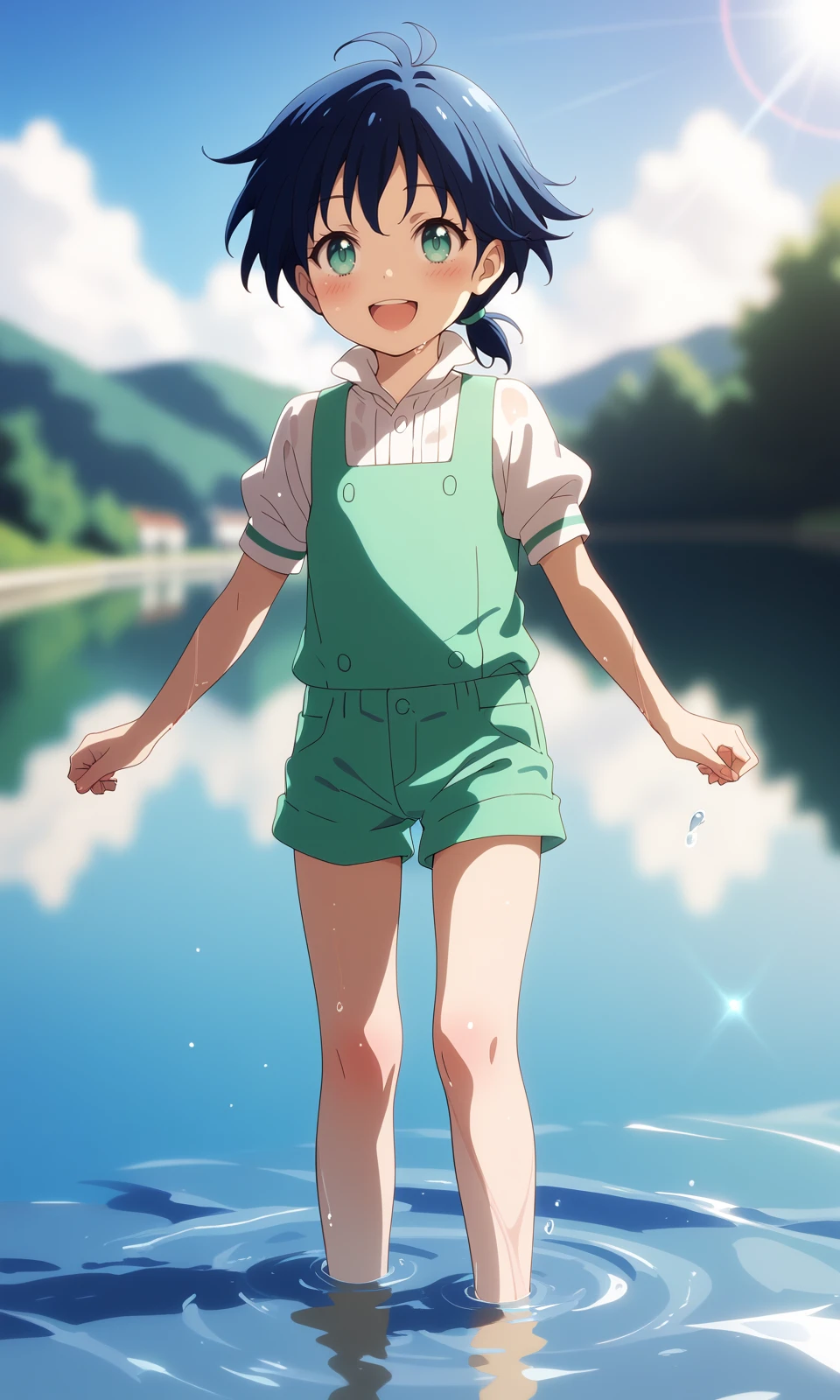 score_9,score_8_up,score_7_up, score_6_up, BREAK
solo, 1boy, lloyd, aqua eyes, blue hair, short hair, low ponytail, shiny hair, shiny skin,
green vest, white shirt, puffy short sleeves, green short shorts, barefoot, wet, dripping,
standing, looking at the water, open smile, partially submerged, happy, blush,
day, outdoors, riverbank, sun, cloud,
masterpiece, best quality, very aesthetic, absurdres,
<lora:LloydDeSaloum_Pony:1><lora:sd_xl_dpo_lora_v1:0.35>