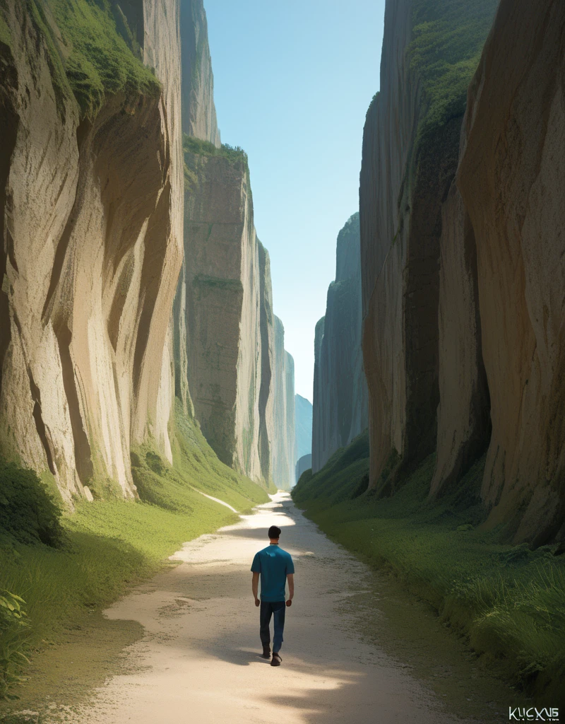 zPDXL2, <lora:KukkaV1:1>, kukk4, 2boys, walking in a tunnel, lake in the background, day