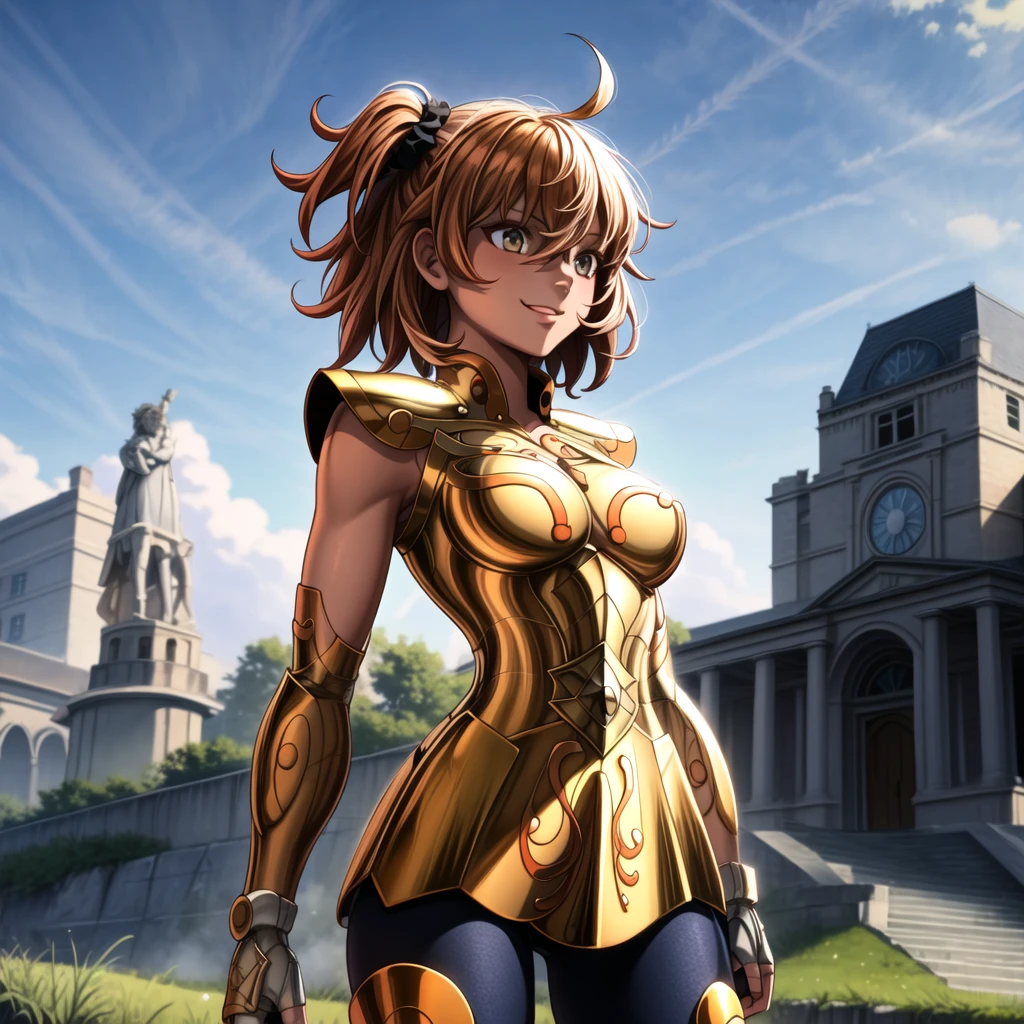 masterpiece, best quality, highres, solo, 1girl, subtle smile, detailed background,standing in front of a picturesque landscape,medium breasts,aaritsuka, short hair, ahoge, hair scrunchie,fingerless gloves ,<lora:more_details:0.8>, pauldrons ,  ,gold armor,  <lora:leo:0.8>, <lora:fujimaru_ritsuka_(female)_v1:0.9>