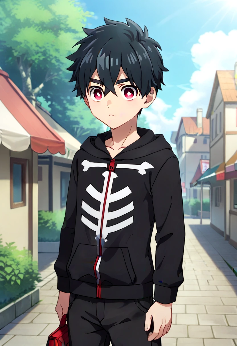 score_9, score_8_up, score_7_up,  BREAK
straight on shot, detailed eyes, village, , , solo,
<lora:kemono-jihen-kabane-kusaka-pony-v10:0.6> 1boy, kabane, black hair,black clothes, black hoodie , hood down, black pants, crimson eye color