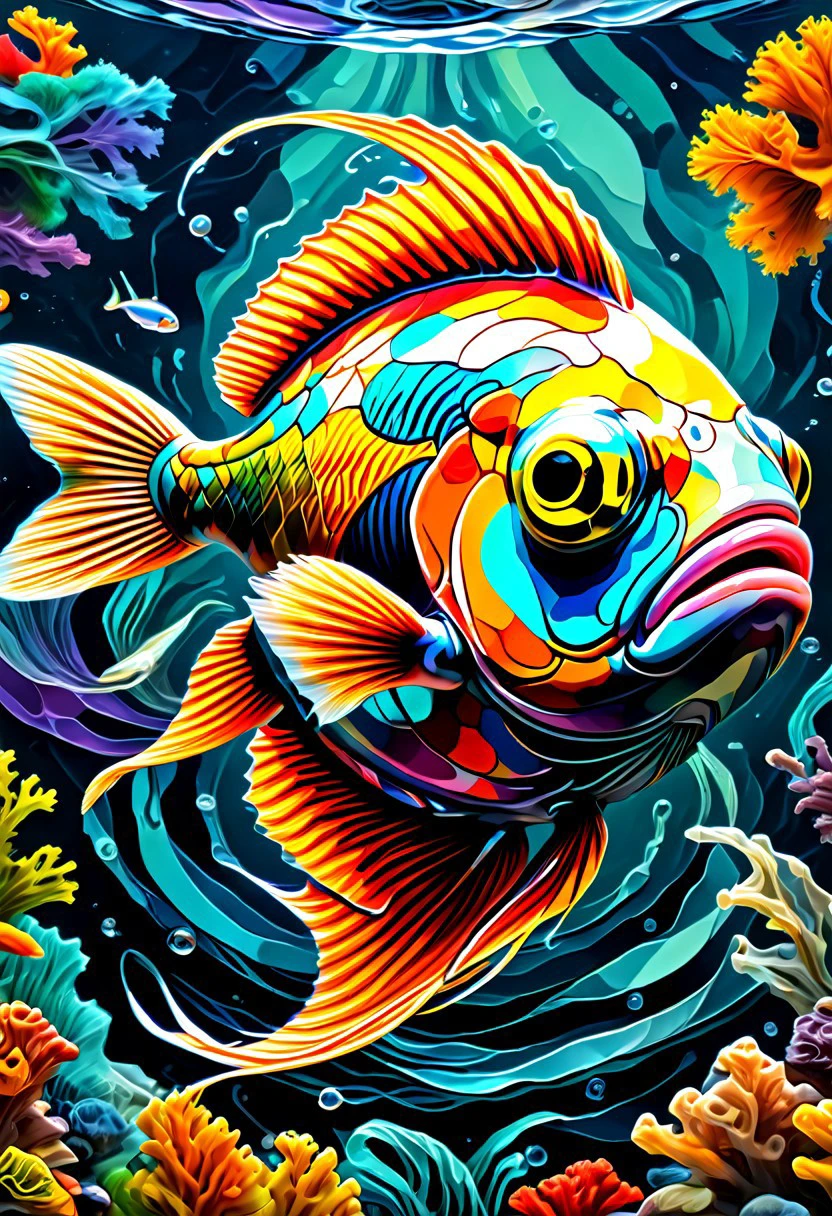 a colored  painting of a Fish in the ocean  , (8k, RAW photo, best quality, masterpiece:1.2),best quality, ultra high res,(sharp focus:1.2),DOF, geometric patterns, intricately detailed, perfectly balanced, deep fine edges, artistic photorealism,photorealism, vivid colors,, 8K, UHD, many details, extreme detailed, full of details, BadDream, Jed-Splash,    <lora:ColourfullSplashStyle:0.5>