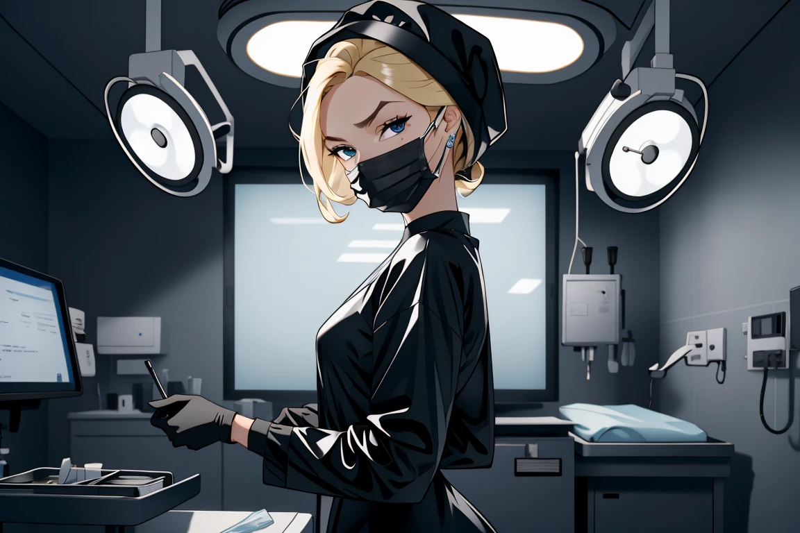 (RAW photo, best quality,facing the viewer,from front), operating room, overhead surgical light,blurred background, focused, dithering,backlighting,
 <lora:CM_doctor_surgeon_blackRubber_V2.0-000004:0.8> doctor_surgblackrubber, 1girl, solo, black dress, black gloves,latex, black headwear, mask, looking at viewer,long sleeves, long dress, 
 <lora:helga:0.8> helga 1girl,1girl,solo, blonde hair, makeup, blue eyes,