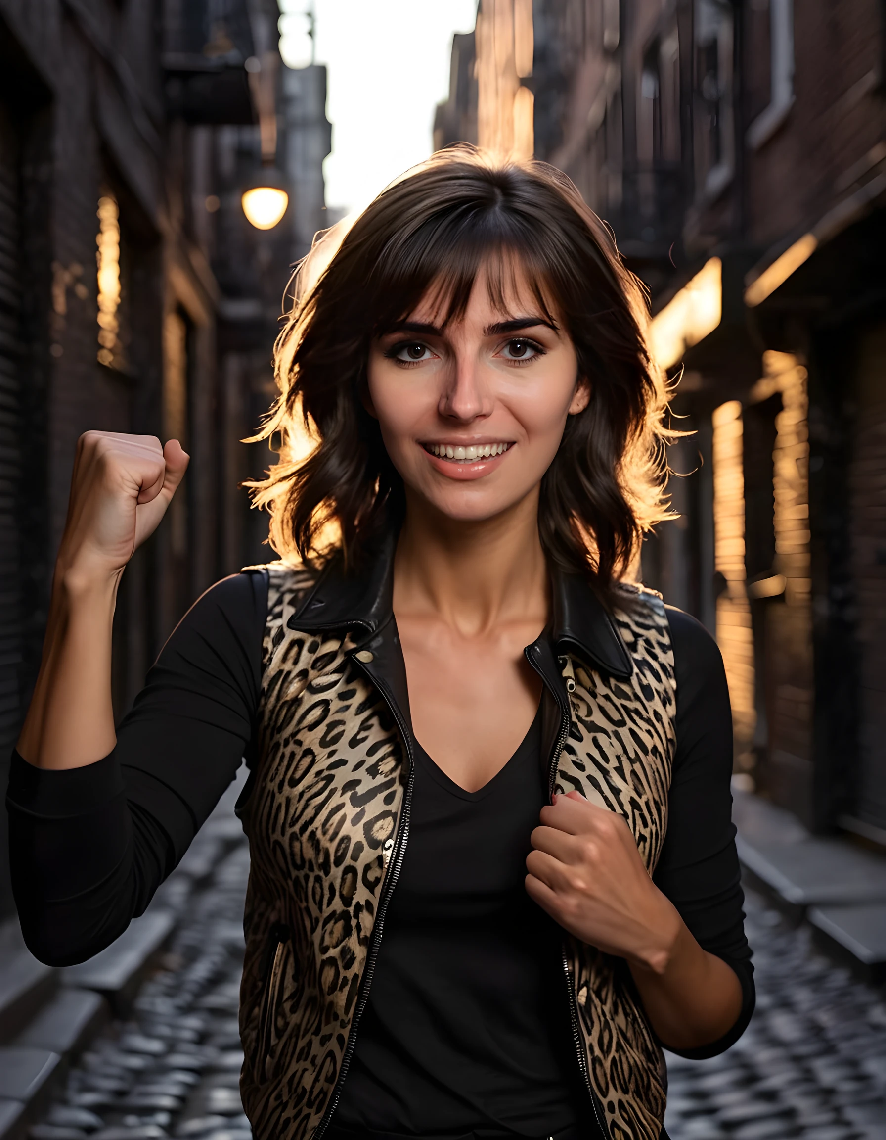 In a gritty, noir-inspired scene, the camera lingers on K41T, a woman with a radiant smile that cuts through the darkness. Her eyes sparkle like starlight reflecting off a raven's wings as she clenches her fists, adorned in a sleek, form-fitting black shirt, accentuated by a striking animal print vest. The background is minimalistic, allowing the spotlight to fall upon her, casting dramatic shadows on the cobblestone alleyway behind her. Her hands, tanned and calloused from years of hard work, clench with determination as she gazes intently into the distance, her posture exuding a sense of resilience and hope amidst the urban decay surrounding her. The soft glow of neon signs flicker in the background, creating an ethereal contrast between light and darkness, symbolizing the eternal struggle that lies at the heart of this city and its inhabitants.