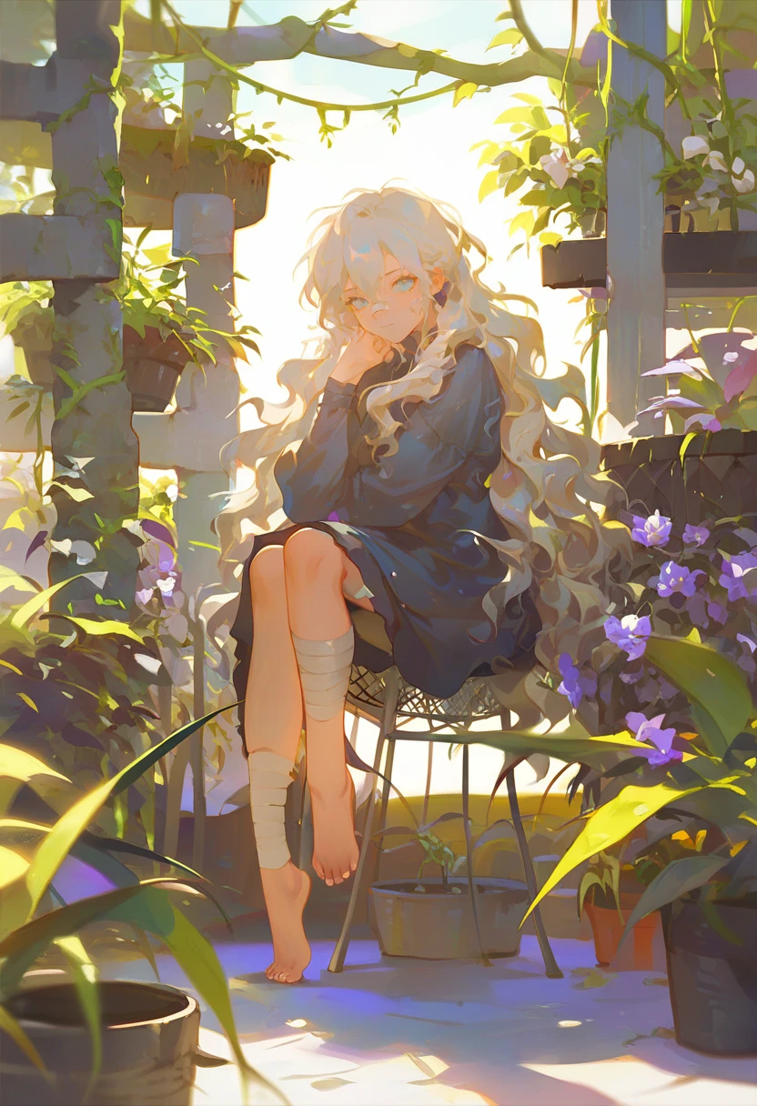 score_9, score_8_up, score_7_up, score_6_up, <lora:rei_XLP6_lokr_V4312:0.95> 1girl, plant, long hair, solo, sitting, flower, barefoot, white hair, looking at viewer, chair, bandages, bandaged leg, wavy hair, hair between eyes, potted plant, long sleeves, blue eyes, dress, closed mouth, very long hair, white flower, intravenous drip, vines, purple flower, bandaid on leg