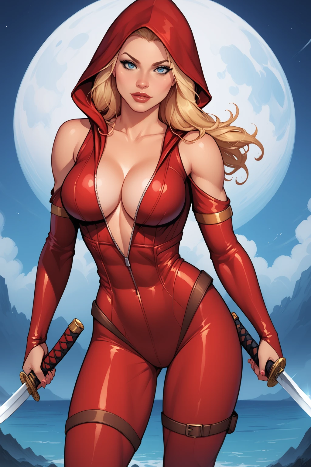 score_9, score_8_up, score_7_up, masterpiece, high quality, BREAK
<lora:Britney WatersPonyLoRA:1>britwtrs, long hair, hood, bodysuit, bare shoulders, long sleeves, cleavage, center opening, clothing cutout, thigh strap, bridal gauntlets, belt, dual wielding, katana, weapon