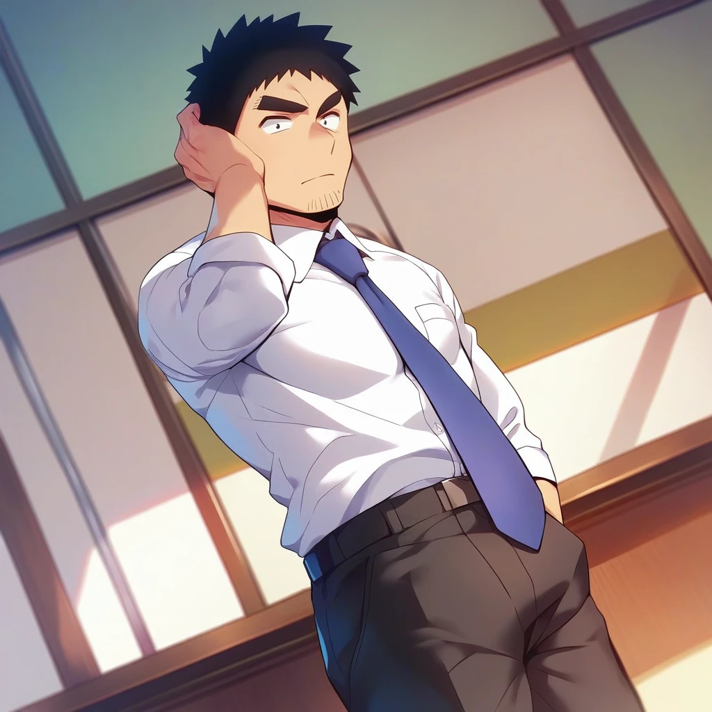 score_9, score_8_up, score_7_up, score_6_up, perfect anatomy, perfect proportions, best quality, masterpiece, high_resolution, high quality, solo male, Harumi Takeda , takeda harumi \(shiromanta\), black hair, short hair, facial hair, stubble, black eyes, thick eyebrows, sanpaku, constricted pupils, (white collared shirt), blue necktie, black pants, adult, mature, masculine, manly, tone, muscular, handsome, charming, alluring, standing, calm, friendly, smile, upper body, dutch angle, cowboy shot, simple background, office
<lora:EMS-409621-EMS:0.800000>