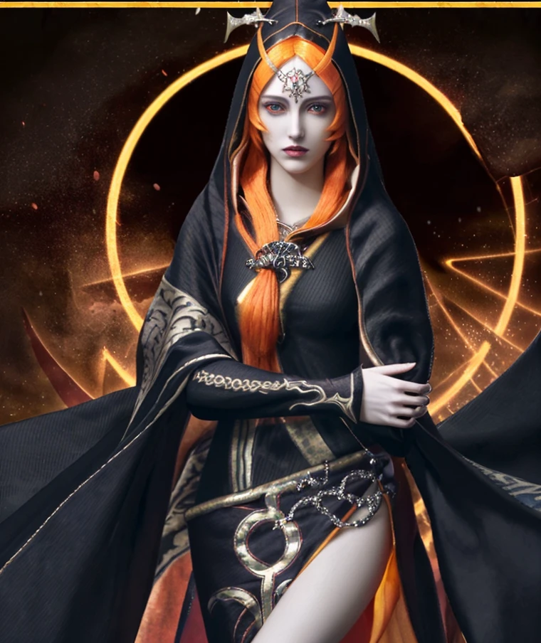 by jay naylor, midna, trueform, orange hair, red eyes, yellow sclera, hooded cloak, side skirt, jewelry <lora:Midna-01-BB95-e20:1>