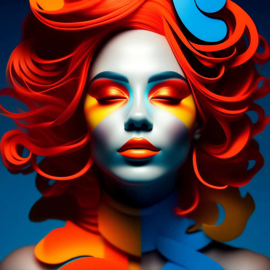 a 3d rendered portrait of a woman with her eyes closed and her hair styled in a vibrant color palette of red, yellow, blue, and orange. the woman's skin is a pristine white, and her eyes are closed, adding a sense of tranquility to the image. the woman's hair is styled in a corkscrew fashion, with curls at the top and a messy top. the woman's face is adorned with a striking makeup look, featuring a vibrant orange eyeshadow, a blue lip, and a blue lip liner. the woman's eyes are closed, adding a sense of tranquility to the image. the background is a stark black, providing a stark contrast to the woman's vibrant makeup and hair.