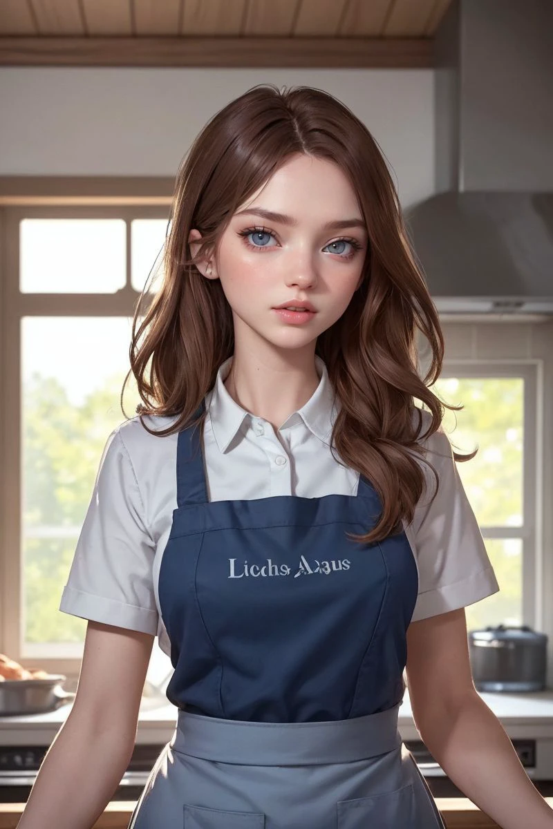headshot of S455_DariaSergeeva,a stylish woman,in a (kitchen:1.1),wearing an (apron),(shirt),(4k, RAW photo, best quality, 50mm, depth of field, ultra high res:1.1),(intricate, photorealistic, cinematic-shot, masterpiece, ultra-detailed:1.1),